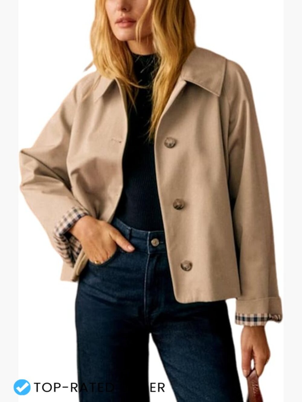 Oversized Trench Coat Plaid Lining Lapel Button Down Casual Crop Jacket with